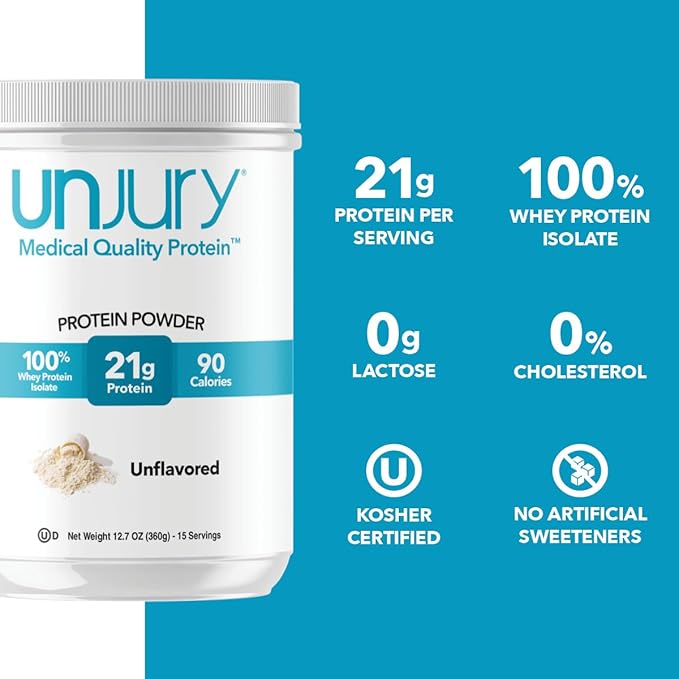 Unjury Unflavored Protein Powder | 21g 100% Whey Isolate Protein Powder | Unflavored Whey Protein Powder | Low Carb and Sugar Free Whey Protein Isolate | Gluten Free | Certified Kosher | 15 Servings