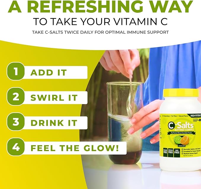 C-Salts Vitamin C Powder Supplement - 100% Pure High Dose Buffered Vitamin C Powder for Immune Support - Organic, Sugar-Free, Vegan, Non-GMO, Stomach-Friendly, Lemon Lime 8oz