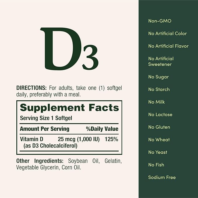 Nature's Bounty Vitamin D3 1000 IU Softgels, Immune Support, Promotes Healthy Bones, 1 Softgel per Day, Gluten Free, 350 Count