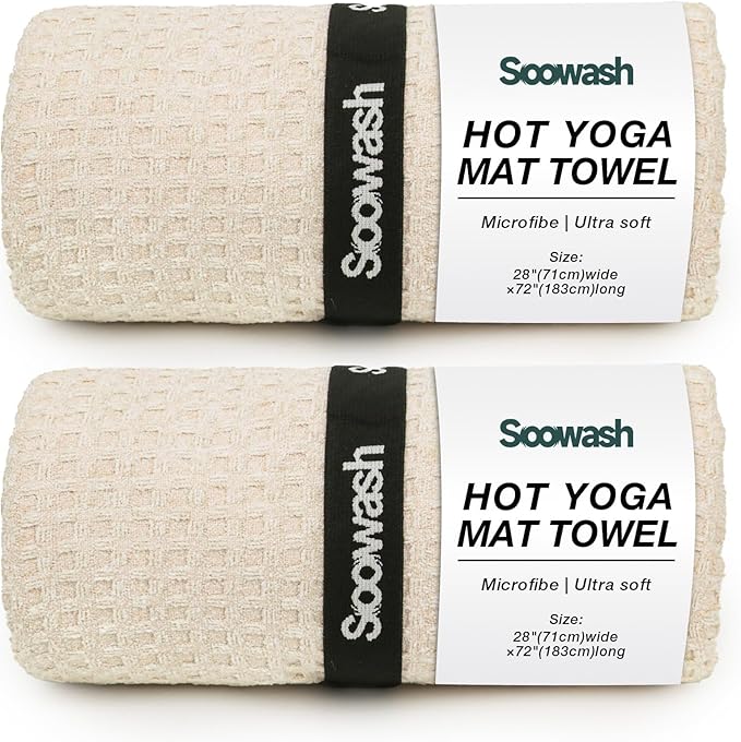 2 Pack Hot Yoga Towel, Yoga Mat Towels Non Slip for Hot Yoga with Strap, Microfiber Yoga Accessories, Soft Absorbent Quick Dry, Pilates Exercise Fitness 28" X 72" Beige
