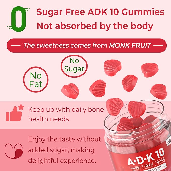 Vitamin D3 10000iu + K2 MK7 + A Gummies with Calcium Magnesium Zinc for Women & Men, High Potency ADK Vitamin Supplement Supports Healthy Immune System, Bone and Vision Function, Sugar Free 120 Cts