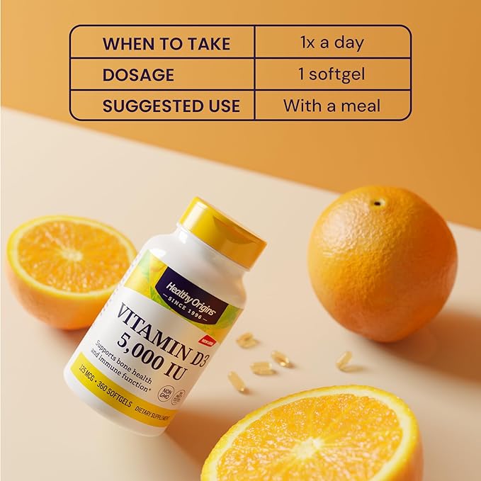 Healthy Origins Vitamin D3 5,000 IU (Non-GMO, High Potency, Bone Support, Immune Support, Gluten Free), 120 Softgels