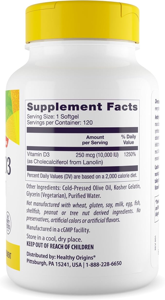 Healthy Origins Vitamin D3 10,000 IU (Non-GMO, High Potency, Bone Support, Immune Support, Gluten Free), 120 Softgels