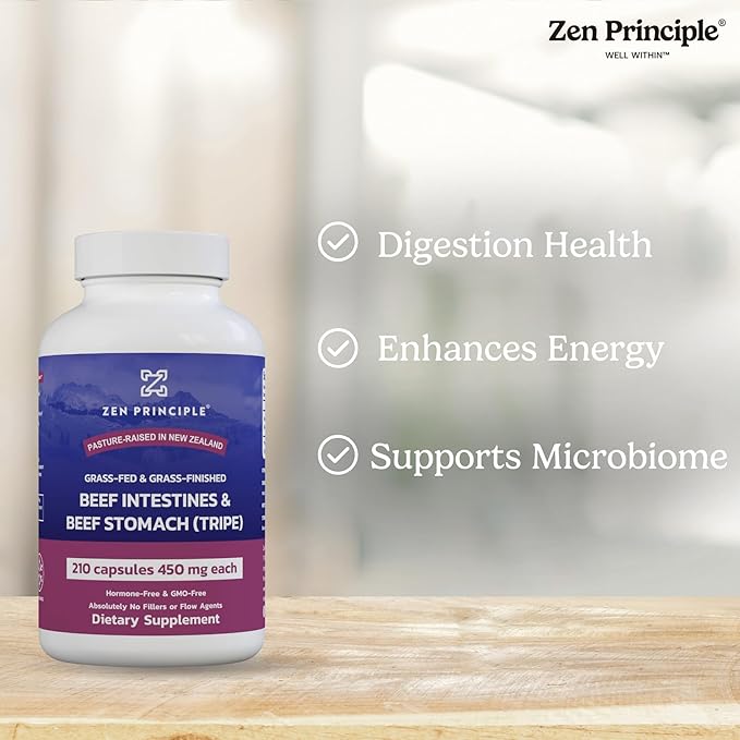 Zen Principle Grass Fed Beef Intestines with Stomach (Tripe) Supplement, Supports Digestive Health and Gut Balance, Supports Acid Reflux Balance, Natural Intestine Wellness, 2-Pack, 420 Capsules.