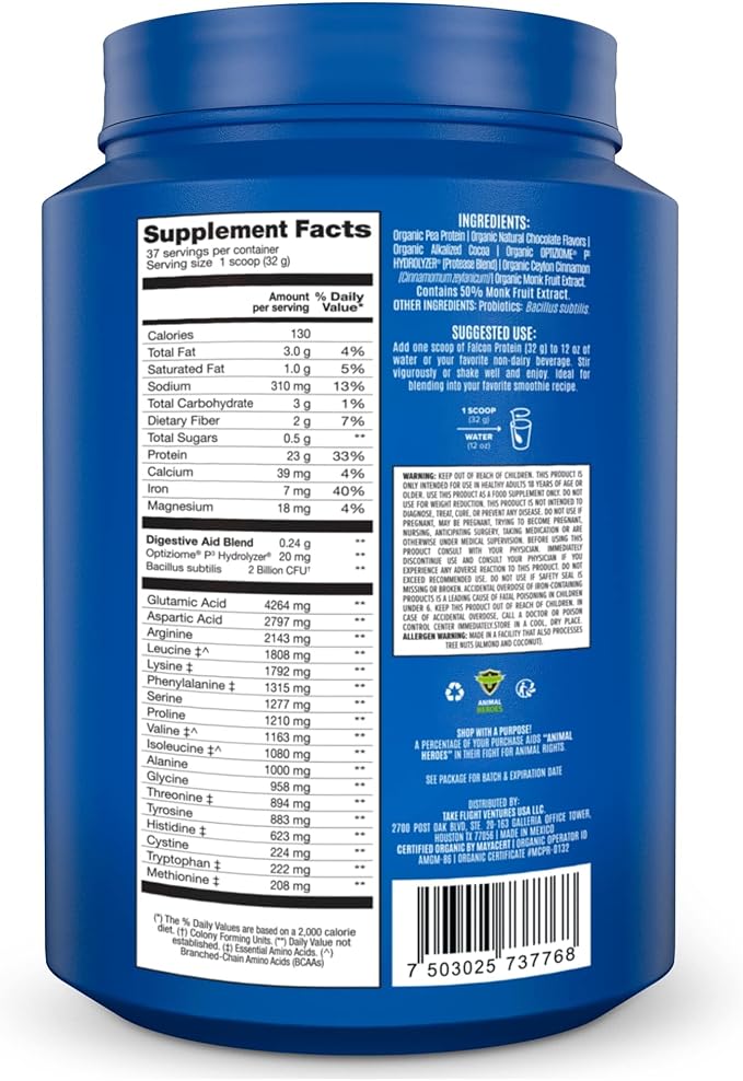 BIRDMAN Falcon Vegan Protein Powder Organic, Stevia & Sugar Free, Plant Based Protein, Low Carb, Dairy Free, Keto, Non Whey Protein, Probiotic, Pea Protein | Chocolate Flavor - 37 Servings - 2.64lb