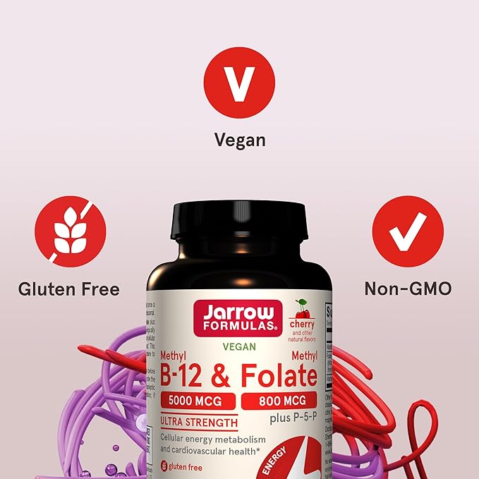 Jarrow Formulas Methyl B-12 & Methyl Folate - 60 Chewable Tablets, Cherry - Bioactive Vitamin B12 & B9 - Supports Energy Production, Brain Function & Metabolism - Gluten Free - 60 Servings