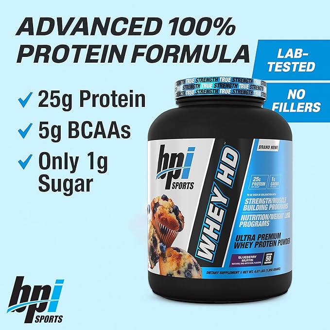 BPI Sports Whey HD Ultra Premium Protein Powder Isolate | Workout Whey Protein Powder for Men & Women for Muscle Gain | Milk Protein Concentrates | Blueberry Muffin, 4.07 Pound