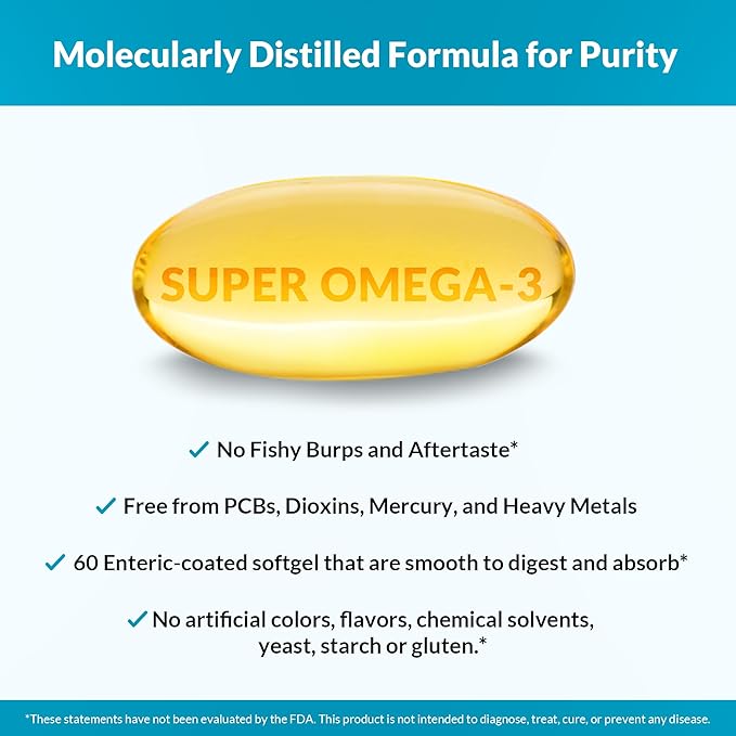 Natural Wellness Super Omega-3 Fish Oil – 600mg EPA & 400mg DHA – High Potency Omega 3 Fish Oil Supplement for Heart, Brain, Joint & Immune Health – Purified, Enteric-Coated Softgels, 60 Count