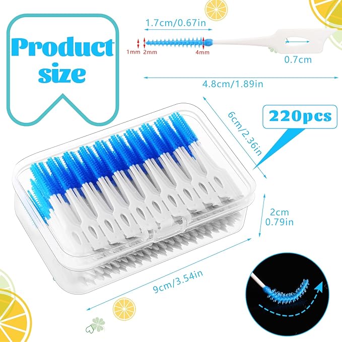 220 Pieces Interdental Brushes, Silicone Dental Floss Picks with Case Dental Brushes Dental Picks Blue Tooth Floss Picks for Teeth Cleaning