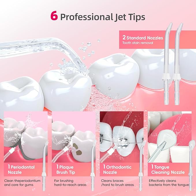 Water Dental Flosser for Teeth: 350ML Cordless Portable 4 Modes Oral Irrigator, IPX7 Waterproof, Rechargeable Water Floss Pik for Cleaning Gum Care Braces for Home Travel(Pink)