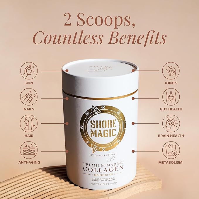 Shore Magic Premium Marine Collagen Powder Types I-IV | Wild Fish-Sourced, Hydrolyzed, Unflavored & Odorless | 9g Protein Per Serving – Supports Skin, Hair, Nails, Joints & Bones | 4-Month Supply