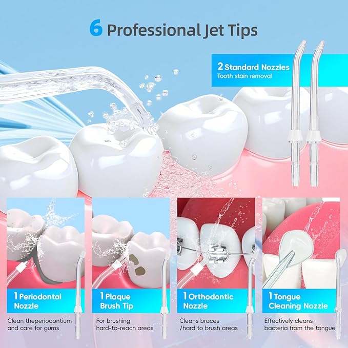 Rechargeable Water Flosser for Teeth: 350ML Portable IPX7 Waterproof Cordless Oral Irrigator with 4 Modes & 6 Replaceable Jet Tips-Professional Flossing Cleaner for Daily Home Use,Travel,Gums,Braces