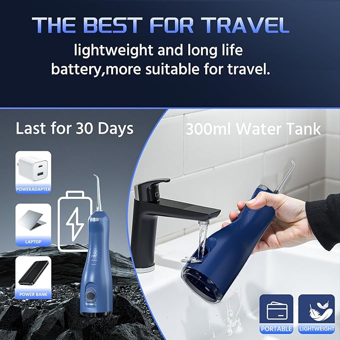 Water Dental Flosser for Teeth, 4 Modes Rechargeable Cordless Oral Irrigator 300ML Water Tank IPX7 Waterproof Portable Electric Flossers for Deep Cleaning and Gum Care, Home Travel Use, Blue