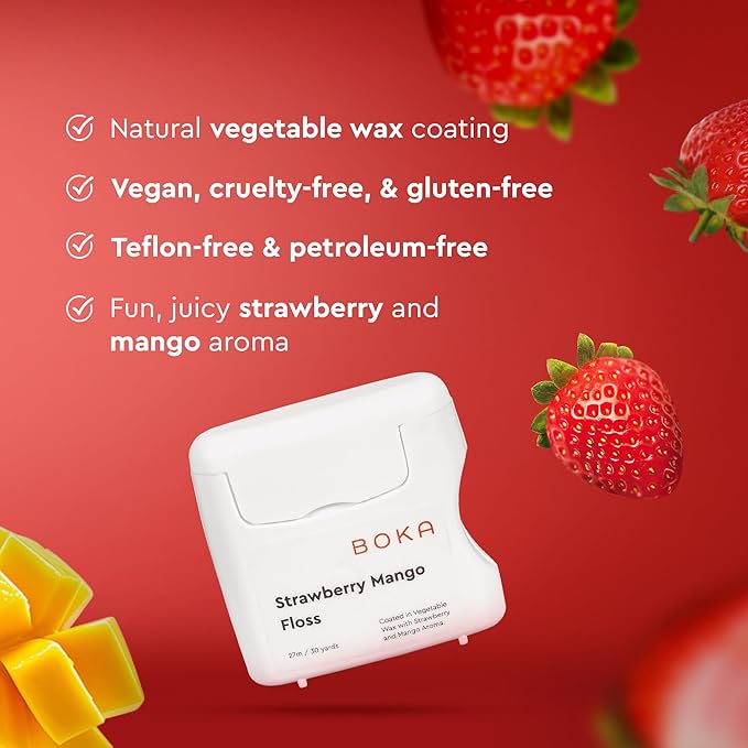 Boka Strawberry Mango Woven Dental Floss, Made from Natural Vegetable Wax, Teflon-Free, 30 Yards of Waxed Floss (Pack of 1)
