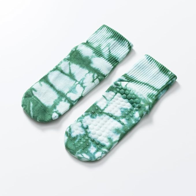 Yoga Pilates Socks with Grips for Women Non Slip Fleece Tie Dye Cushioned Ankle Socks for Barre Ballet Dance
