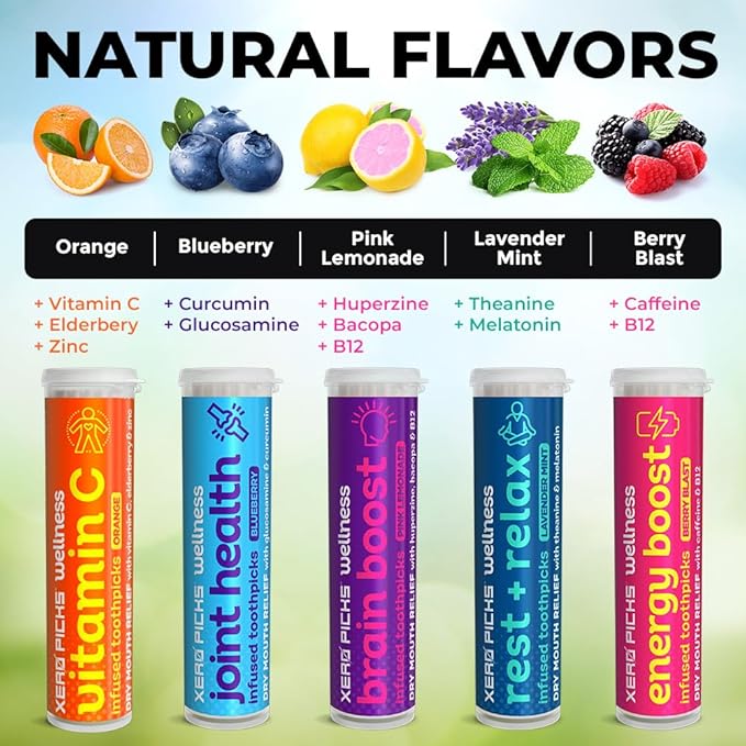 Xero Picks Wellness - Flavored Toothpicks -100 Picks-Variety 5 Pack-Curcumin, Glucosamine, Huperzine, Bacopa, B12, Elderberry, Vitamin C, Zinc, B6, Melatonin, Theanine