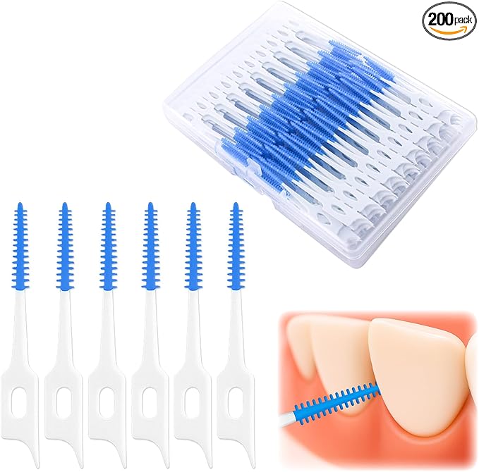 200 Pcs Portable Soft Silicone Interdental Floss Picks for Family Oral Care, Dual - Ended Toothpick & Flosser Cleaning Tool(Blue)