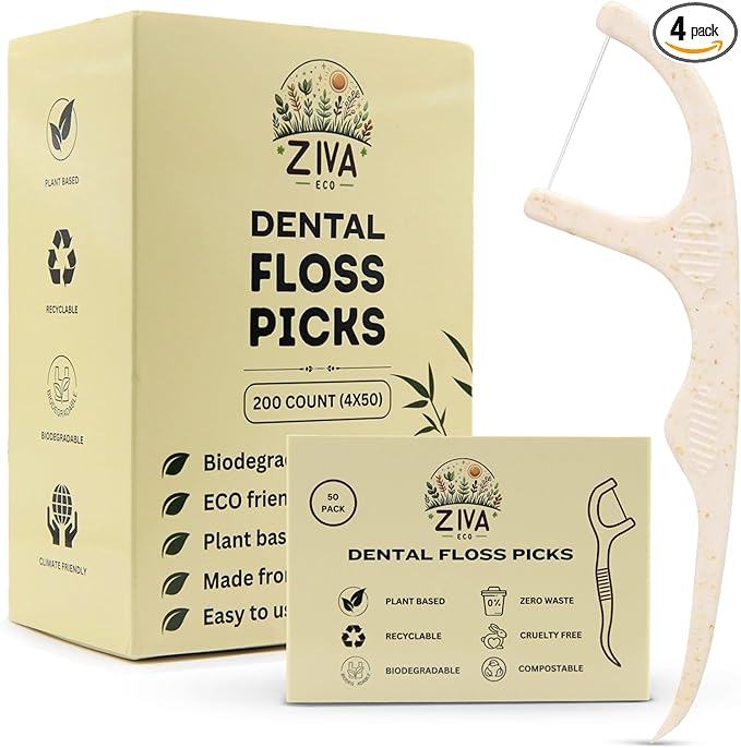 Biodegradable Dental Floss Picks for Teeth, 200 Count, Corn Straw Floss Picks, PFAS Free. Unflavored Flossers, Plant Based, Shred Resistant Floss for Adults & Kids