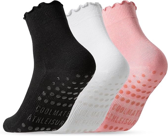 CoolMate 2/3/4 Pairs Pilates Socks with Grips for Women, Cute Yoga Socks, Crew Non Slip Women for Barre, Pilates Gifts