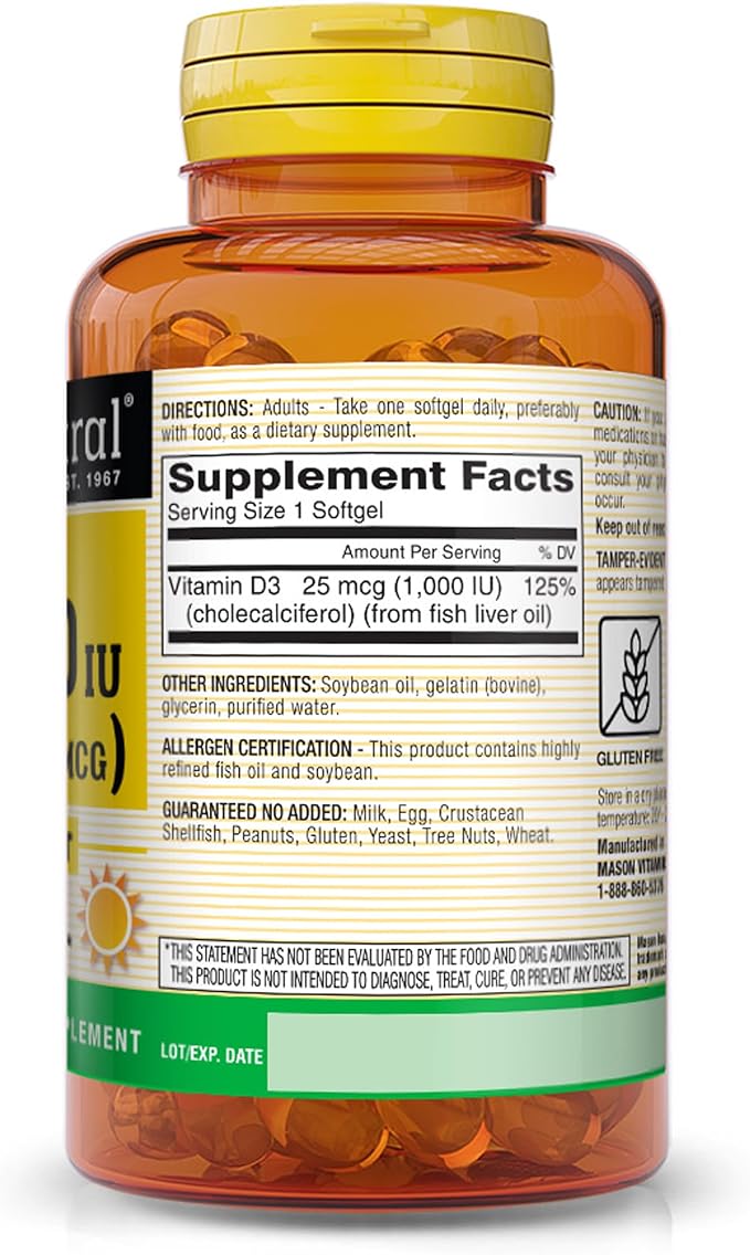 MASON NATURAL Vitamin D3 25 mcg (1000 IU) - Supports Overall Health, Strengthens Bones and Muscles, from Fish Liver Oil, 120 Softgels