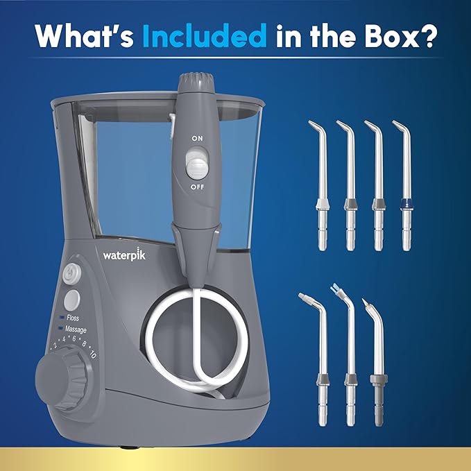 Waterpik Aquarius Water Flosser For Teeth Cleaning, Gums, Braces, Dental Care, Electric Power With 10 Settings, 7 Tips For Multiple Users And Needs, ADA Accepted, Gray WP-667, Packaging May Vary