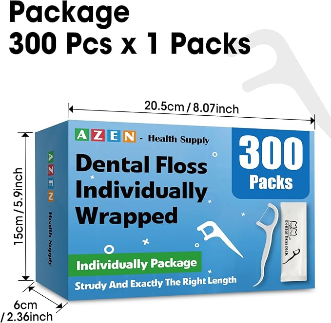 AZEN 300 Count Dental Floss Bulk, Individually Wrapped Floss Picks, Toothpicks Flossers for Adults, Ideal Travel Flossers for Deep Cleaning