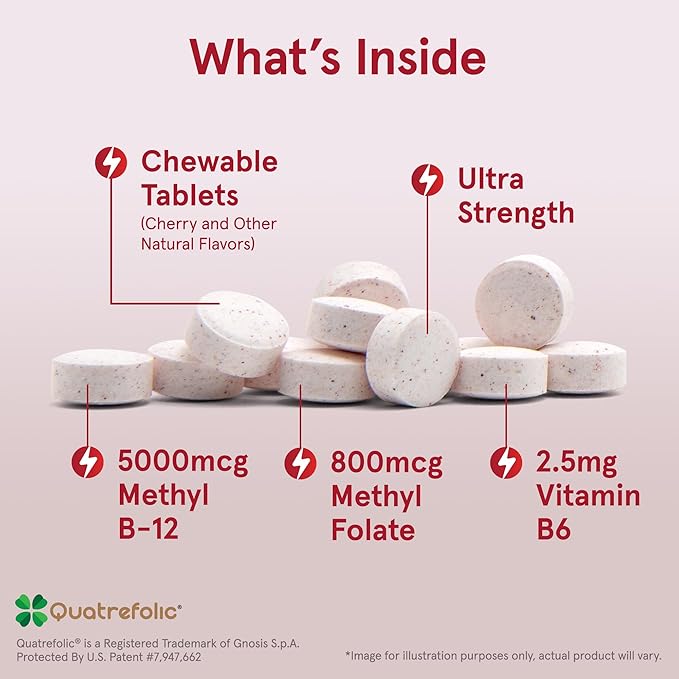 Jarrow Formulas Methyl B-12 & Methyl Folate - 60 Chewable Tablets, Cherry - Bioactive Vitamin B12 & B9 - Supports Energy Production, Brain Function & Metabolism - Gluten Free - 60 Servings