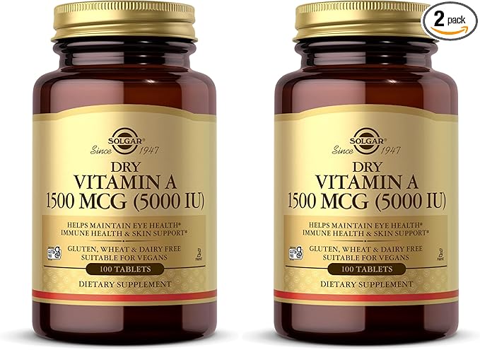 SOLGAR Dry Vitamin A 1500 mcg (5000 IU), 100 Tablets - Supports Healthy Eyes, Skin & Immune System - Non-GMO, Vegan, Gluten Free, Dairy Free, Kosher - 100 Servings (Pack of 2)