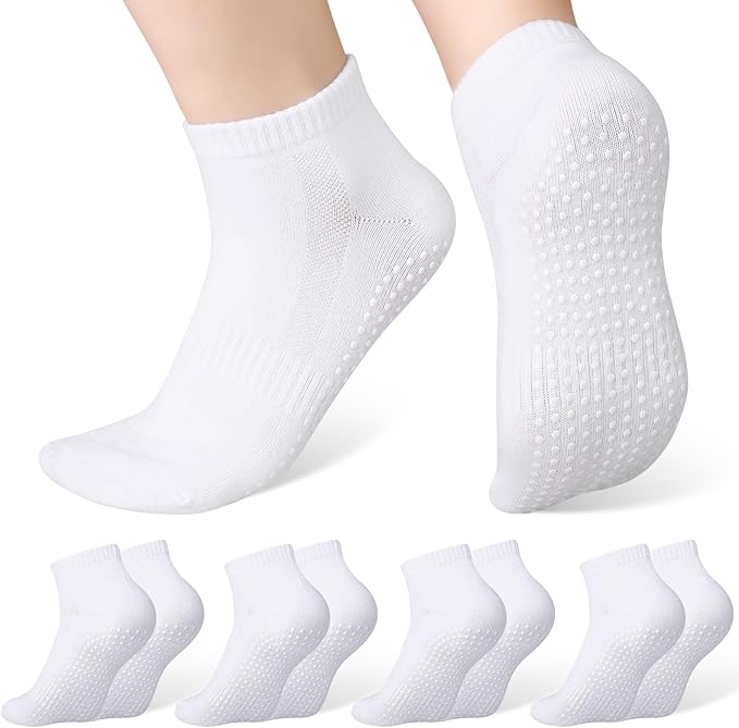 Jspupifip 4 Pairs Non Slip Yoga Socks with Grips for Women Men Pilates Grippy Socks Cotton Barre Hospital Home