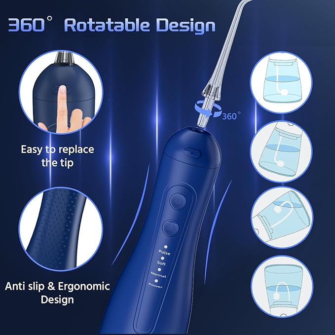 Water Dental Flosser for Teeth, 4 Modes Rechargeable Cordless Oral Irrigator 300ML Water Tank IPX7 Waterproof Portable Electric Flossers for Deep Cleaning and Gum Care, Home Travel Use, Blue