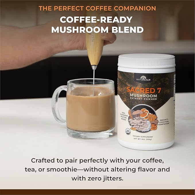 Sacred 7 Organic Mushroom Supplement – 100% Fruiting Body Extract Powder with Lions Mane, Reishi, Chaga & More | Nootropic & Immune Support for Coffee, Tea, Smoothies – 60 Servings
