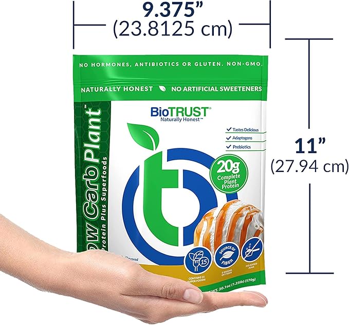 BioTrust Low Carb Plant, Delicious, Creamy, 20 Grams of Clean, Complete, Plant-Based Protein, 5 Grams Fiber, 15 Superfoods, Vegan, Dairy-Free -14 Servings (Vanilla Caramel)
