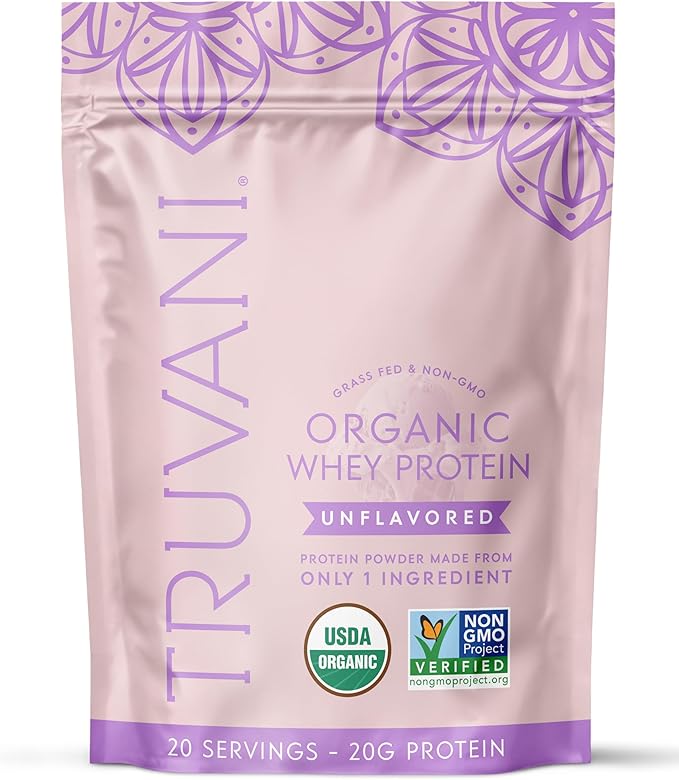 Truvani Organic Whey Protein Powder | Unflavored | 20g Grass Fed Whey Protein | 20 Servings | USDA Organic & Non-GMO | Gluten Free | No Gums, No Soy, No Stevia, No Added Sugars