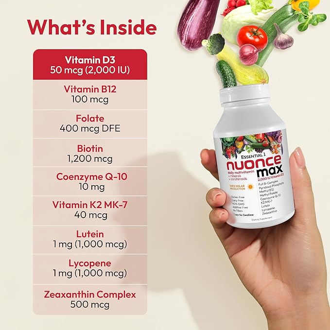 ANDREW LESSMAN Essential-1 nuonce max Multivitamin 2000 IU Vitamin D3 180 Small Capsules. 100 mcg Methyl B12. CoQ10 Lutein Lycopene Zeaxanthin. High Potency. No Additives. Ultra-Mild One Daily Capsule