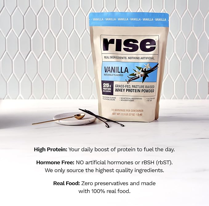 Rise Grass-Fed Whey Protein Powder - Vanilla | 25g Protein No Artificial Flavors, Colors, or Preservatives - Sugar Free, Gluten-Free, Soy Free (Single Serving, 1 Pack)