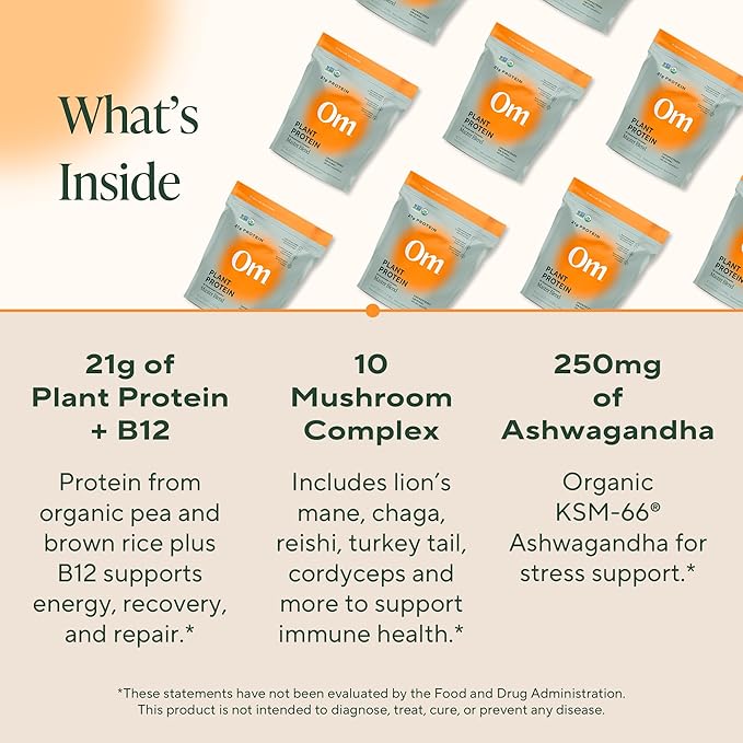 Om Master Blend Vegan Protein Powder, Unflavored, 21g of Plant Protein - Organic Mushroom Supplement with 10 Mushroom Complex, Ashwagandha, BCAAs and Vitamin B12-1.07 lb. (16 Servings)