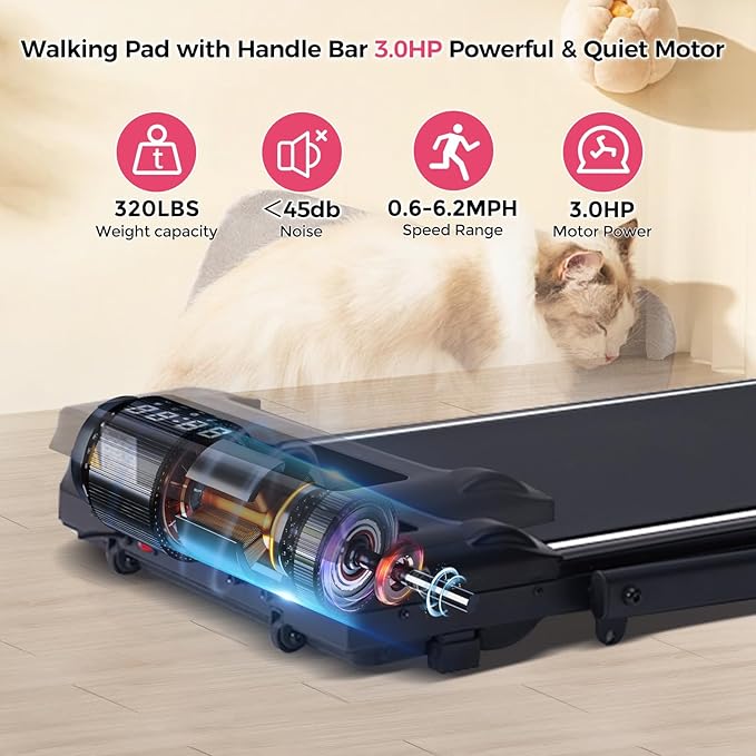 Walking Pad Treadmill with Handle Bar, Compact Portable Treadmills for Home Small, Electric Walking Pads with Handles, 3.5HP Quiet and LED Display, 400 LBS Capacity