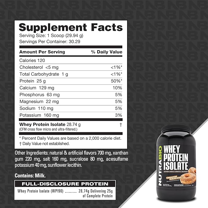 NutraBio 100% Whey Protein Isolate Protein Powder, 25g Protein with Complete Amino Acid Profile, Non-GMO, Soy & Gluten Free, Low Carb, Low Calorie Whey Protein Powder, Cinnamon Sugar Donut, 2 Lbs