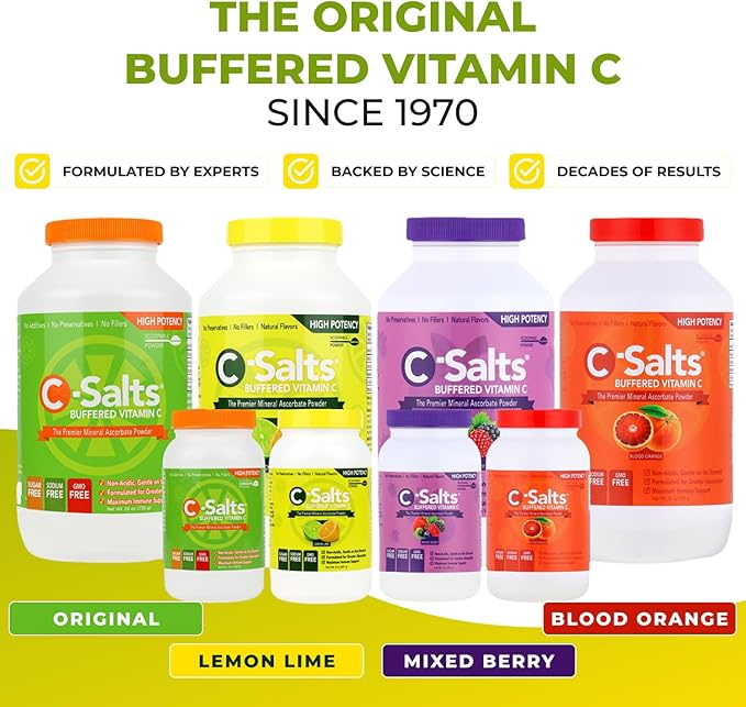 C-Salts Vitamin C Powder Supplement - 100% Pure High Dose Buffered Vitamin C Powder for Immune Support - Organic, Sugar-Free, Vegan, Non-GMO, Stomach-Friendly, Lemon Lime 8oz