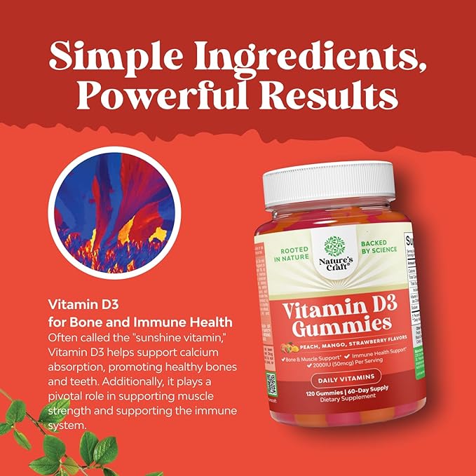 Natures Craft Vitamin D3 Gummies for Daily Wellness - Delicious Vitamin D Gummies for Adults with D3 2000IU per Serving Bone Muscle & Immune Support - Non-GMO Gelatin & Gluten Free (60 Day Supply)