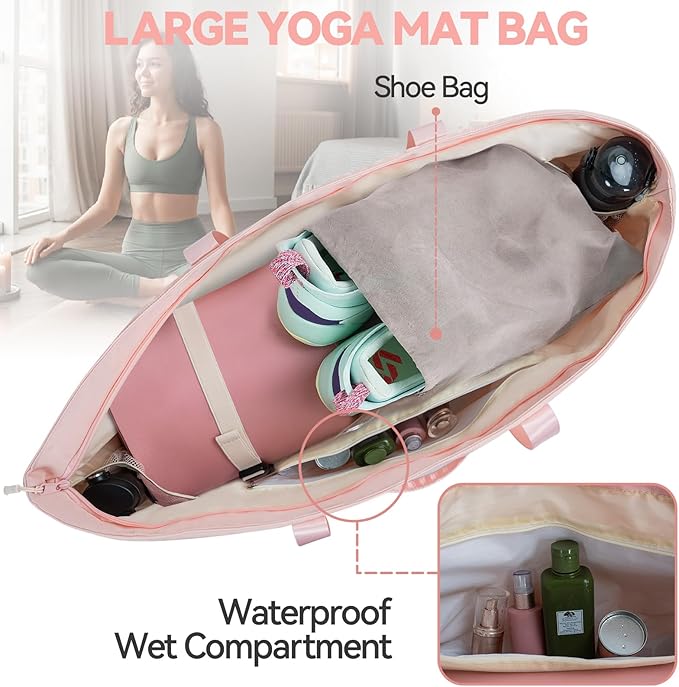 Large Yoga Mat Bag for Women,Pilates Bag with Shoes Bag & Wet Pocket,Gym Bag with Yoga Mat Holder Fits Most Size Mats,Yoga Mat Tote Carrier for Pilates Office Beach Workout (Pink)