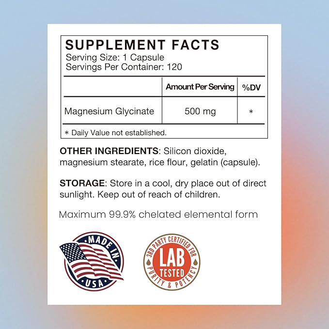 VHC Magnesium Glycinate 500mg Supplement Capsules, High Absorption- Gentle Form,Highly Purified Magnesium Mineral Supplements for Women & Men, 120 Caps, Made in USA