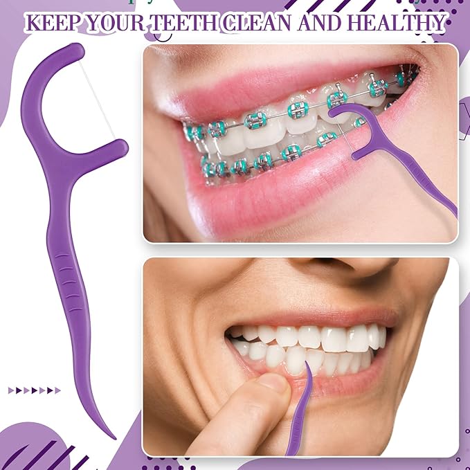 Baderke 200 Count Floss Picks Bulk Non Breakable Tooth Picks Flosser Dental Floss Sticks for Adults Teeth Cleaning Dental Flossers for Family Pack Travel(Dark Purple)