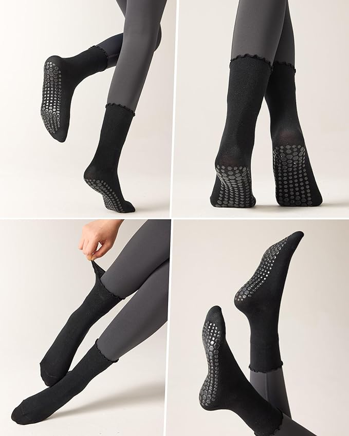 REACH STAR 4 Pairs Pilates Socks with Grips Non Slip Ruffle Yoga Grip Socks for Women