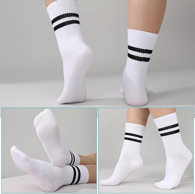 Jspupifip 6 Pairs Grip Pilates Socks Women, Non Slip Yoga Stripe Grippy Crew Breathable Cotton Socks for Ballet Dance