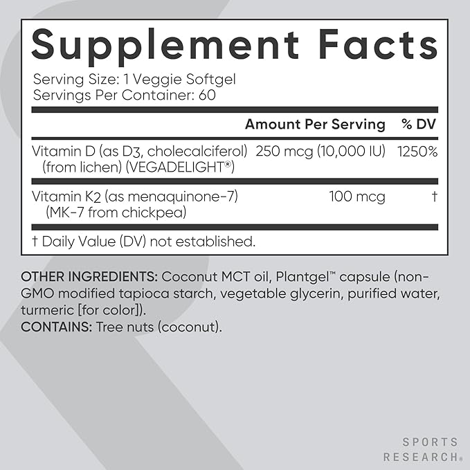 Sports Research® Vitamin D3 + K2 with 10,000iu of Plant-Based D3 & 100mcg of Vitamin K2 as MK-7 | Non-GMO Verified & Vegan Certified 60ct
