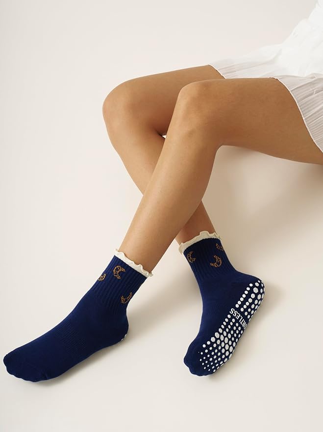 Shapes Studio Crew Half Calf Grip Socks, Cutest Fruits Pilates Socks, Ruffle socks, Non-Slip, Barre Yoga Fitness