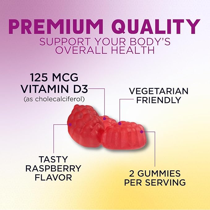Vitamin D3 Supplement Gummy 5000 IU (125 mcg) Dietary Vitamins D for Men & Women - Bone, Teeth, Muscle and Immune Health Support, High Potency VIT D3 Nature's Non-GMO & Gluten Free - 120 Gummies