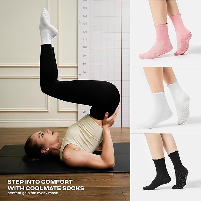 CoolMate 2/3/4 Pairs Pilates Socks with Grips for Women, Cute Yoga Socks, Crew Non Slip Women for Barre, Pilates Gifts
