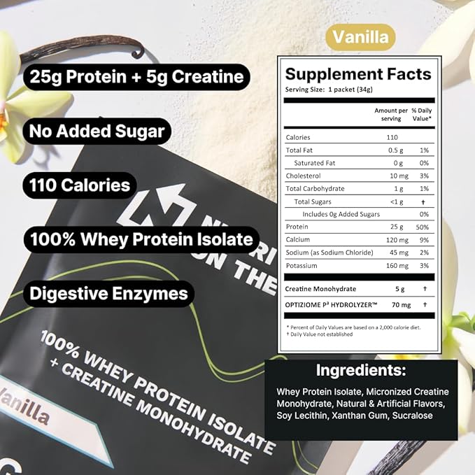 Nutrition On The Go Whey Protein Isolate Packets with Creatine – 25g Protein + 5g Creatine – Single-Serve Travel Protein Powder – Vanilla (6-Pack)